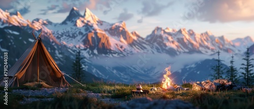Portrait of campfire with a tea kettle with a tent behind with a dark environment and big space for text or traveling type product advertisement, Generative AI.