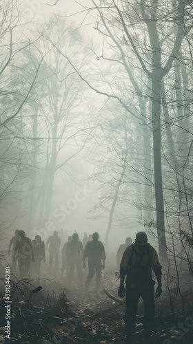 Group of zombies on hazy forest path - Eerily calm depiction of a cluster of zombies treading a hazy, desolate forest path