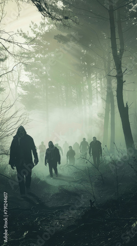 Shadowy figures in misty forest path - Intriguing scene of shadowy figures advancing along a mist-laden forest path