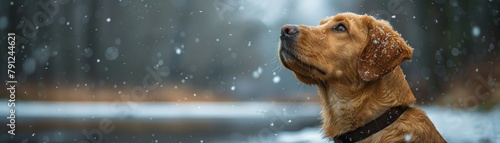 A brown golden retriever sits outside in the snow.