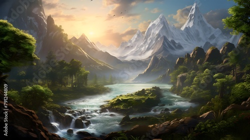 Panorama of a beautiful mountain landscape with a river in the foreground photo