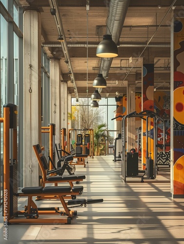 Modern Gym Interior with Exercise Equipment photo