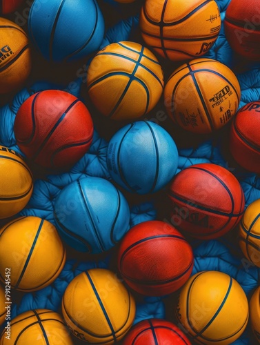 Assorted Basketballs Texture in a Court - This image shows a variety of basketballs with different hues placed on a court  creating a textured look