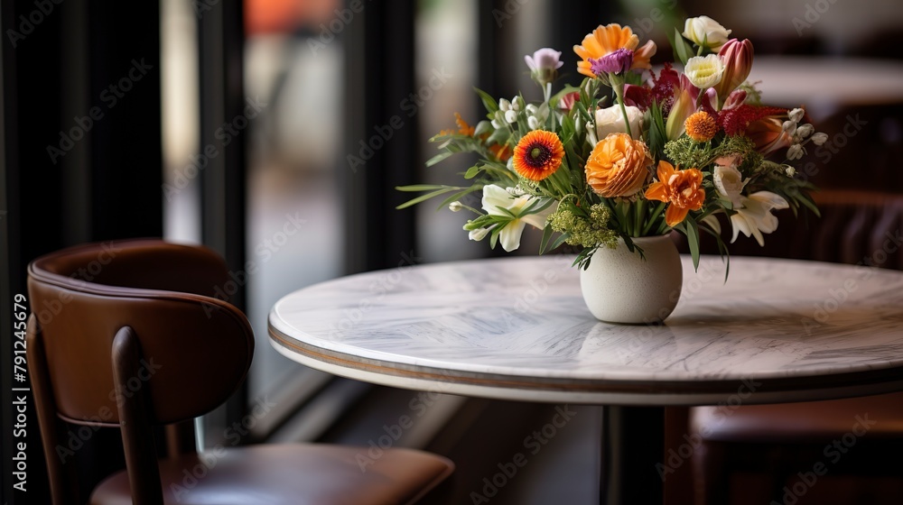 A bouquet of fresh flowers on a bistro table, close-up, adding a splash of color and a homey feel to the bakery’s ambiance A bouquet of fresh flowers on a bistro table, close-up, adding a splash of color and a homey feel to the bakery’s ambiance