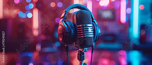 A close shot of microphone and headphone for podcast with a neon light backdrop as decoration with a big space for text or product advertisement background, Generative AI. photo