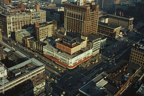 An aerial view of a retro cityscape with iconic landmarks like old-fashioned theaters, diners, and department stores, Generative AI