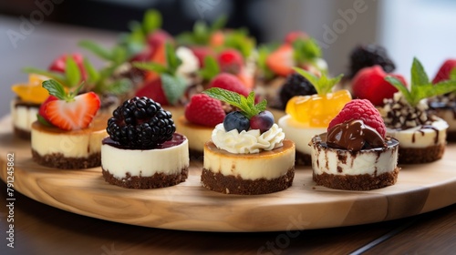 Mini cheesecakes assortment, close-up, each with different toppings like fruit, chocolate, and nuts, on a modern serving tray. 