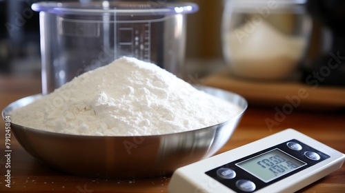 Close-up of a digital kitchen scale with a bowl of flour on it, highlighting the precision needed in baking recipes. 