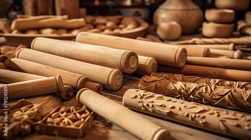 Artisan wooden rolling pins of various sizes and textures, close-up, laid out on a rustic kitchen table. 