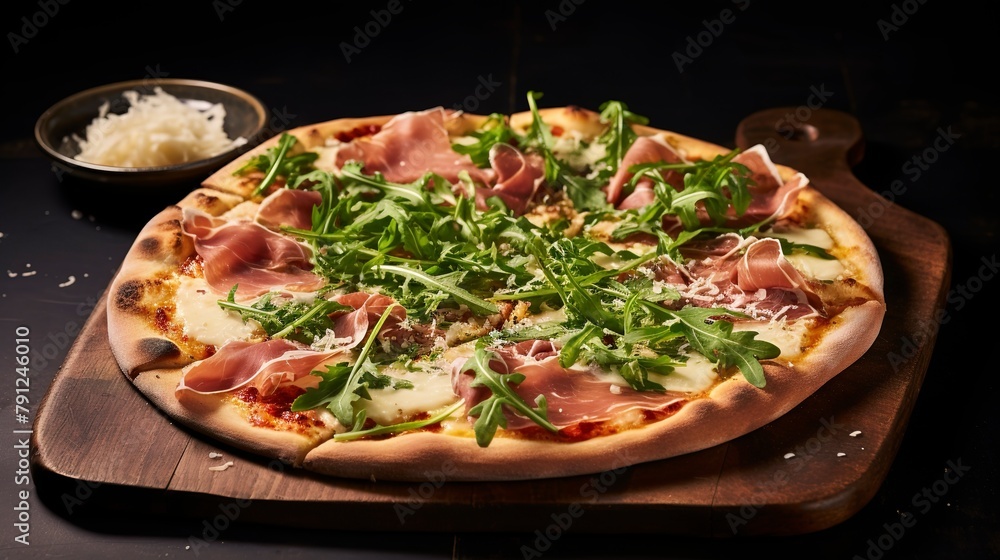 Artisan pizza with prosciutto, arugula, and shaved Parmesan, close-up, showcasing the balance of colors and textures.