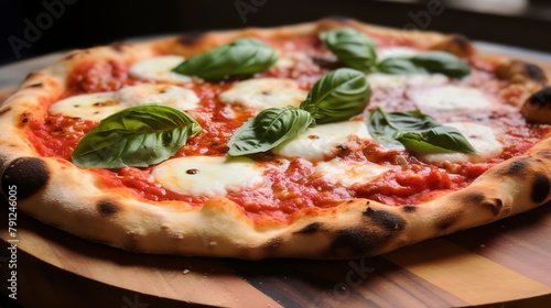 Close-up of a wood-fired artisan pizza with buffalo mozzarella, fresh basil, and vibrant tomato sauce, on a wooden peel.