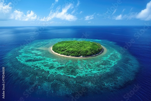 A large island covered with greenery in the middle of the ocean.