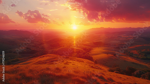 sunrise paints the sky with vibrant hues of orange and pink, casting a golden glow over the landscape, 
