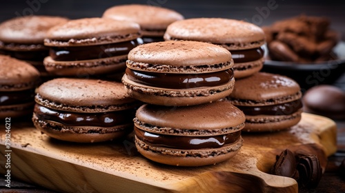 Chocolate macarons, close-up, with a rich, dark chocolate filling oozing slightly, on a rustic wooden board.