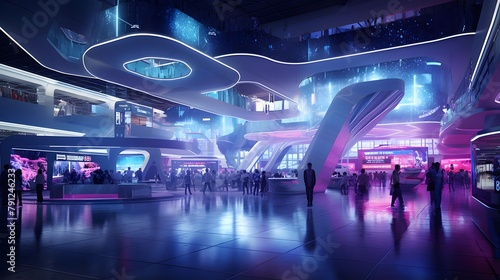 interior of modern shopping mall at night with neon lights. 3d rendering