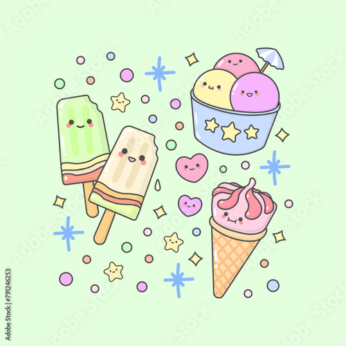 Ice cream stick sundae Cone strawberry with cute facial expressions and pastel colour