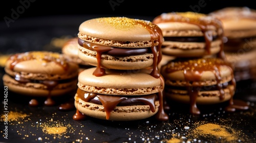 Close-up of salted caramel macarons, with a shimmering gold dust finish, elegantly placed on a dark stone plate. 