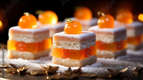 Petit fours with apricot jelly and marzipan, close-up, displaying the layers and fine dusting of powdered sugar, on a porcelain