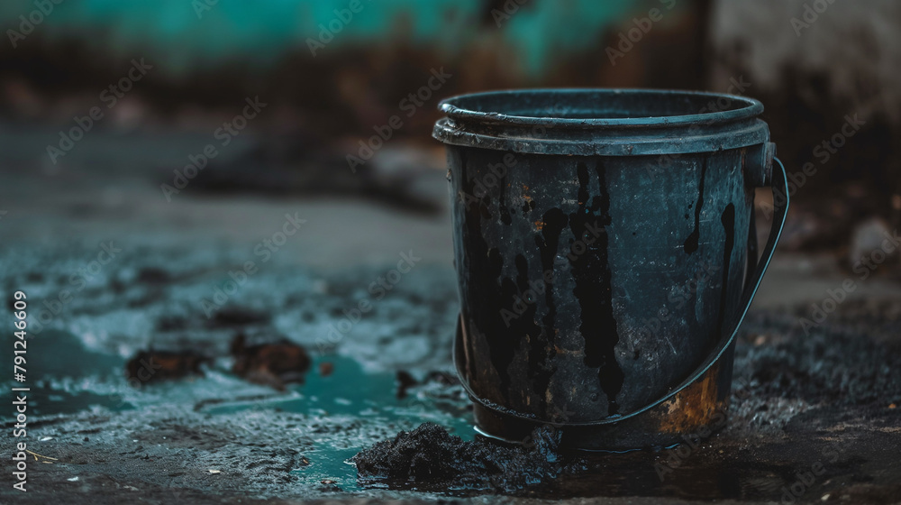 A gritty, high-resolution image capturing the essence of urban decay with a focus on an old, weathered bucket on a concrete surface