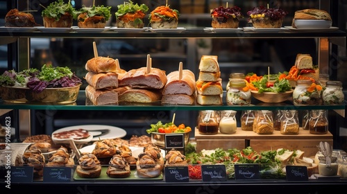 Close-up of a coffee shop display case with savory options, including sandwiches and quiches, neatly arranged on slate boards.