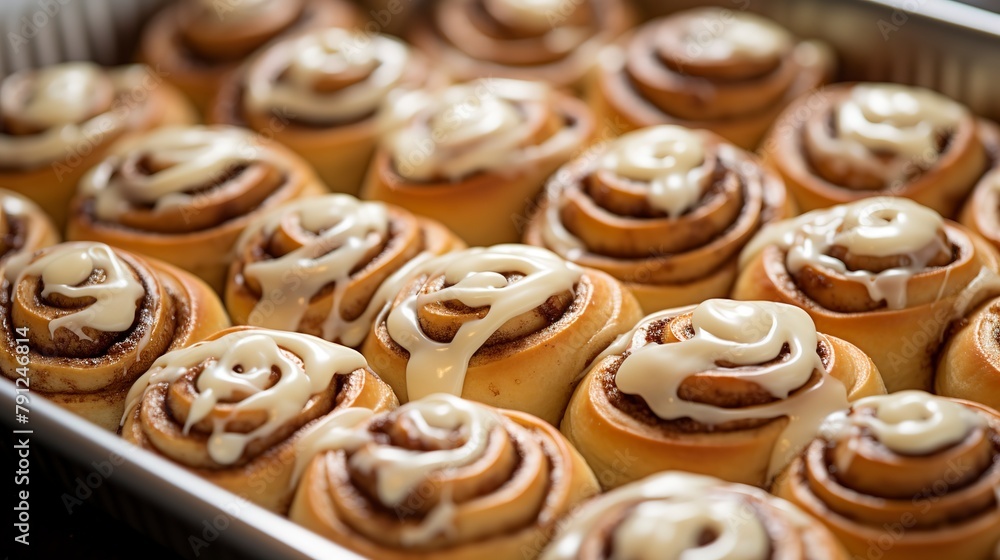 Close-up of mini cinnamon roll bites in a baking dish, with each roll perfectly golden and covered in frosting. Close-up of mini cinnamon roll bites in a baking dish, with each roll perfectly golden and covered in frosting.
