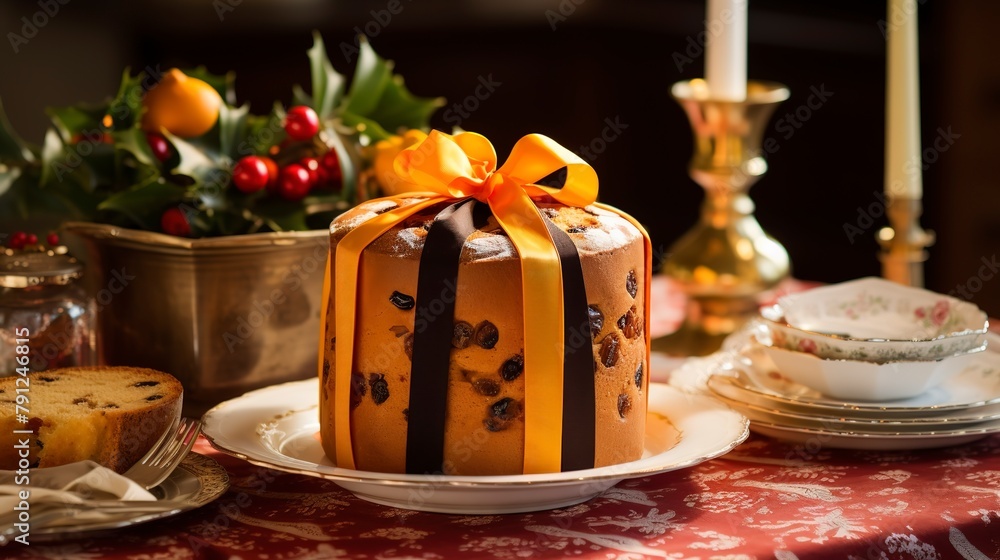 Traditional Panettone with candied fruits and raisins, close-up, wrapped in its iconic paper container, on a holiday table setting. 