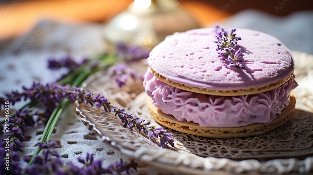 Artisanal macaron ice cream sandwich, featuring lavender ice cream, close-up, on a delicate lace doily. Artisanal macaron ice cream sandwich, featuring lavender ice cream, close-up, on a delicate lace doily.