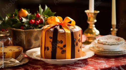 Traditional Panettone with candied fruits and raisins  close-up  wrapped in its iconic paper container  on a holiday table setting. 