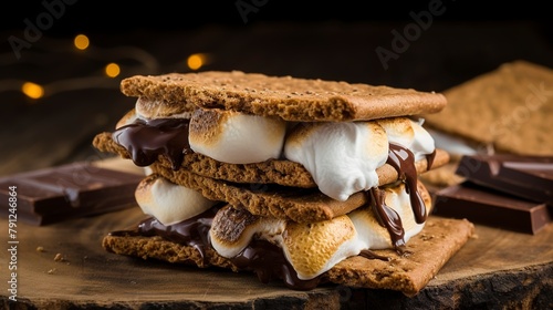 S'mores dessert sandwich with toasted marshmallow and melted chocolate between graham crackers, close-up, on a rustic wood slice.  photo