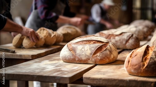 Close-up of a sourdough bread workshop, with loaves being scored by participants before baking, on wooden boards.
