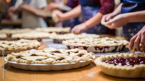 Close-up of a pie workshop, with participants crimping edges of their pies, showcasing the detail and technique, on a baking station. photo