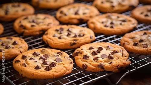 Freshly baked chocolate chip cookies cooling on a wire rack, close-up, with melted chocolate chips glistening. 