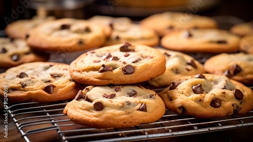 Freshly baked chocolate chip cookies cooling on a wire rack, close-up, with melted chocolate chips glistening