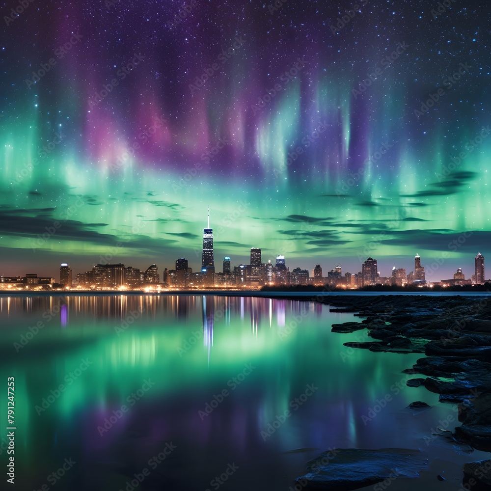Aurora borealis over Reykjavik, Iceland.