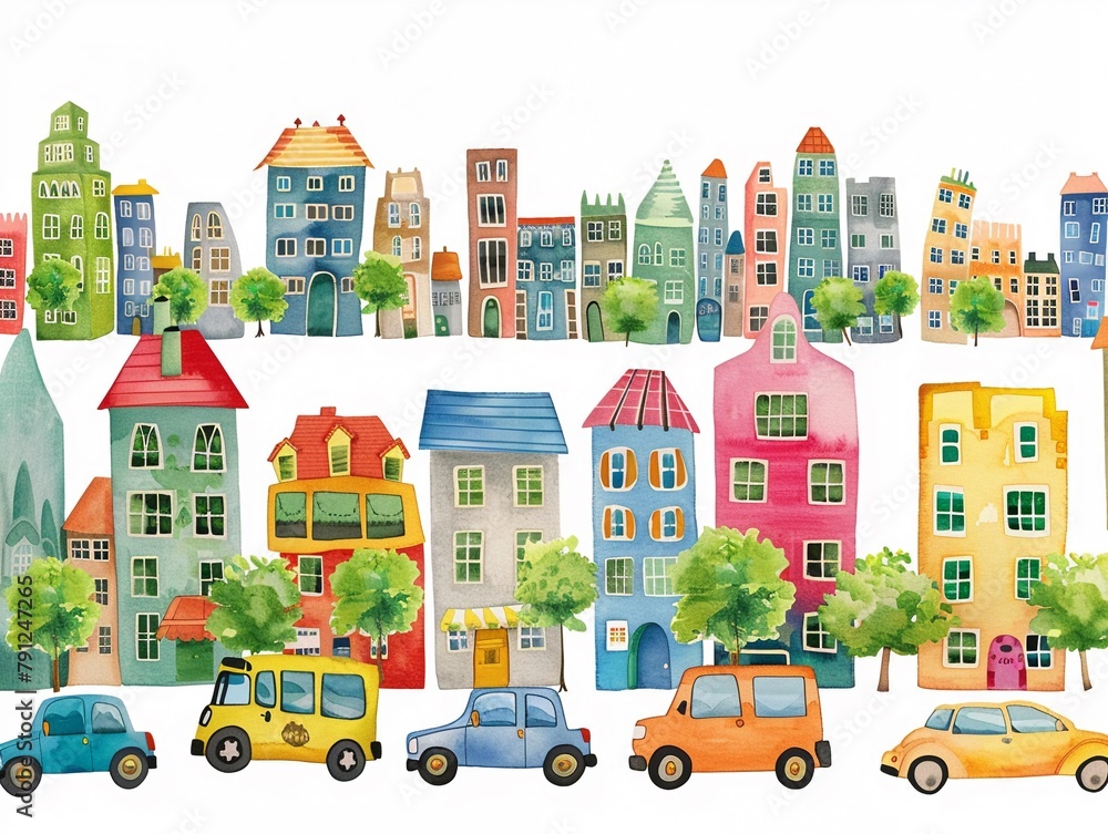 Busy cityscape with cute cars and buildings