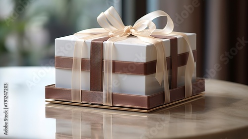Elegant cake box, close-up, with a clear window showcasing a decadent chocolate cake inside, adorned with a satin ribbon.