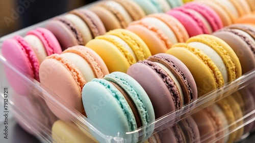 Close-up of macarons in a transparent plastic box, with each color neatly arranged in rows, secured with a decorative sticker. 