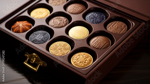 Gourmet chocolates in a velvet-lined box, close-up, each chocolate in its own compartment, with a gold embossed logo on the lid. 