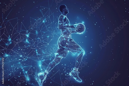 A modern art artwork depicting a man player pro sprinting with a basketball in a low polygonal layout over a setting of blue geometric wireframe components and space, Generative AI.