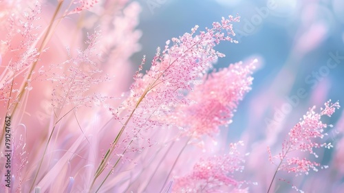Ethereal pink grass flowers with dreamy bokeh - Tranquil landscape of pink grass flowers with a soft bokeh effect creating a serene and peaceful mood