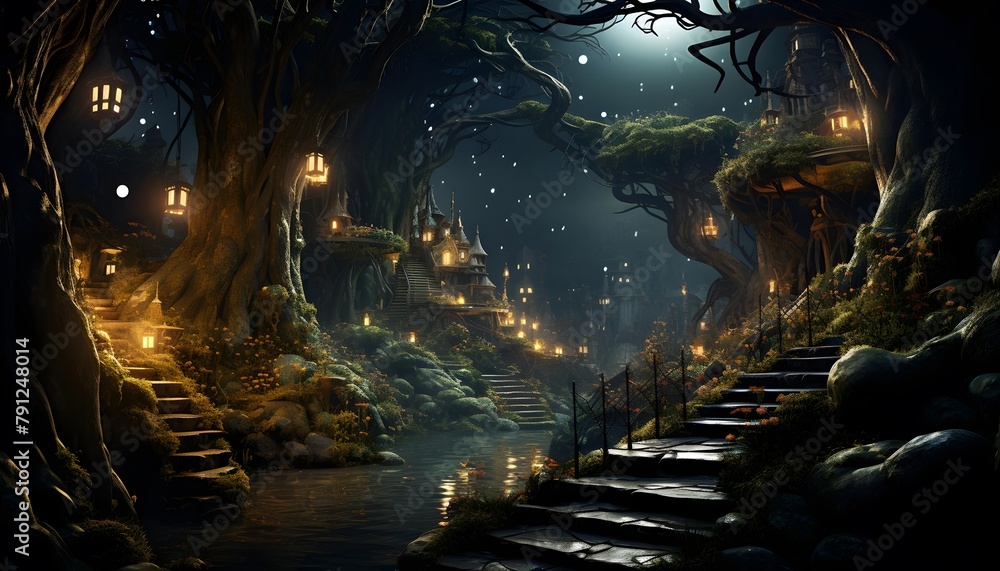 Obraz premium Fantasy landscape with a path in the middle of the forest.