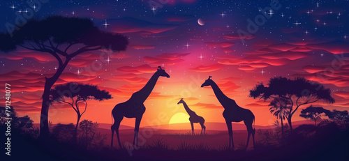 Giraffes and Tree Silhouettes at Starry Twilight. Two giraffes stand tall among trees against a star-studded twilight sky in a serene savannah. © Old Man Stocker
