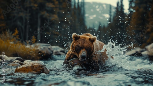 Grizzly Bear Catching Fish in Wild River. Powerful grizzly bear successfully catches a fish in the splashing waters of a wild river.