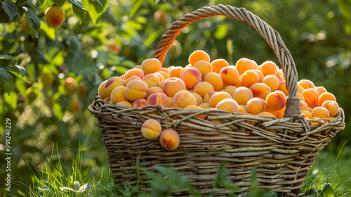 golden apricots piled high in a woven basket, their velvety skins glowing in the sunlight as they await eager hands to pluck them for a sweet summer snack.