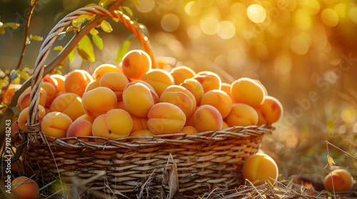 A bountiful harvest of golden apricots piled high in a woven basket, their velvety skins glowing in the sunlight as they await eager hands to pluck them for a sweet summer snack.