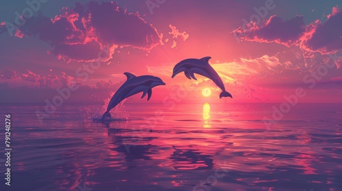 Digital Art of Dolphins Jumping at Pink Sunset. Imaginative scene with two digital art dolphins leaping above tranquil pink waters at sunset. © Old Man Stocker