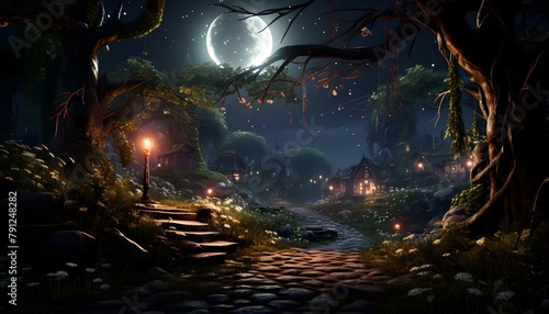 Fantasy night landscape with a path in the forest and a full moon © Iman