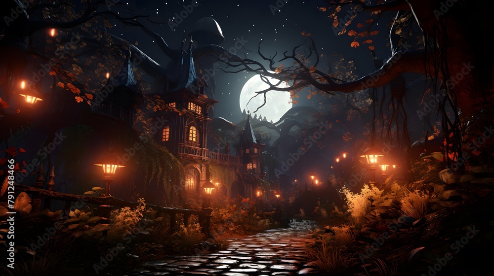 Halloween night scene with full moon and haunted house, 3d illustration