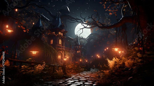 Halloween night scene with full moon and haunted house, 3d illustration