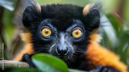 Vivid-Eyed Black Lemur in Natural Habitat. Intense gaze from a black lemur with striking orange eyes, surrounded by lush green foliage. photo